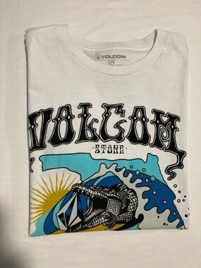 Volcom Stone White Graphic Tee with Blue & Yellow Designs (Item No. R34)